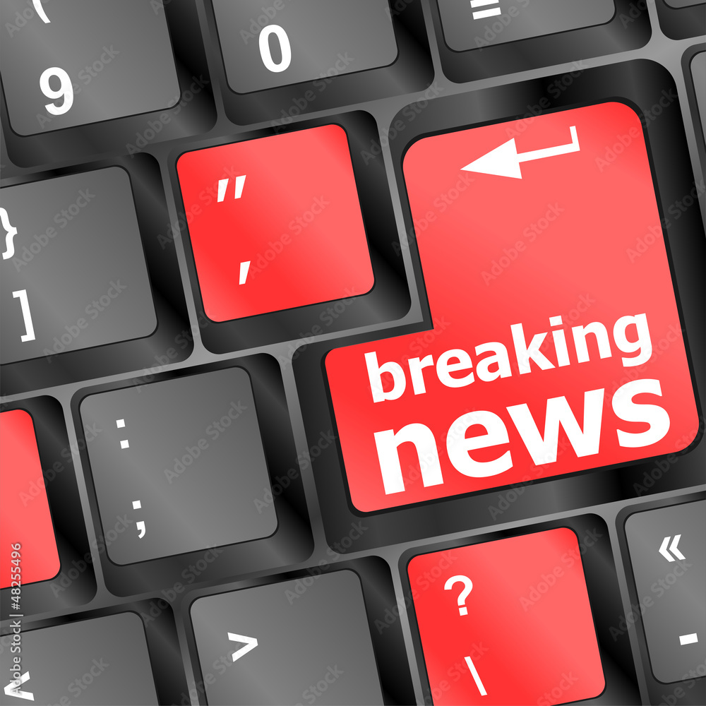 Poster button with breaking news text and letter symbols keyboard
