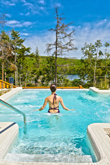 Naklejka premium spa of sacacomie hotel lake in quebec canada