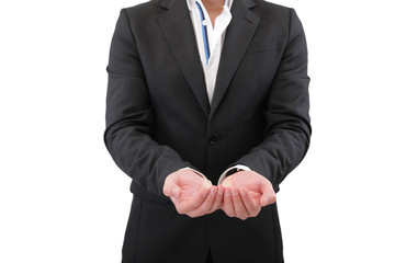 Holding, giving, receiving or showing hand sign isolated on whit