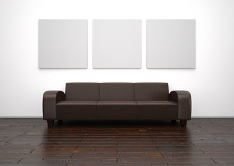 braunes Ledersofa mit 3 Wandbildern