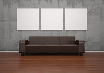 braunes Ledersofa mit 3 Wandbildern
