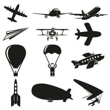 Set of black flying icons on white background