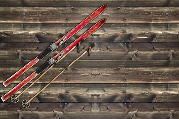 Vintage Ski fixed on wooden wall