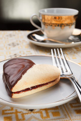 Cake heart with jam and chocolate for Valentine-day