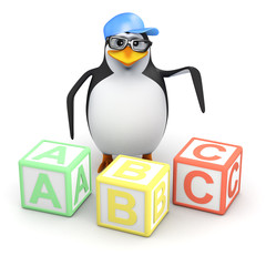 Penguin in baseball cap learns his alphabet