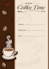 Cafe or restaurant card for coffee menu with cup of hot coffee
