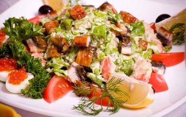 Tasty salad with roasted meat and vegetables
