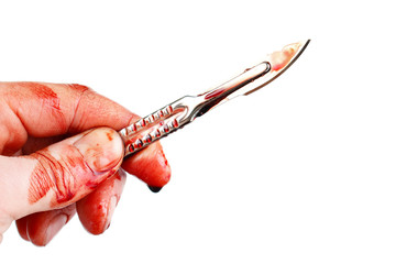 Bloody surgeon scalpel and hand , isolated - obrazy, fototapety, plakaty
