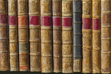 Mehrere alte Bücher nebeneinander im Regal
