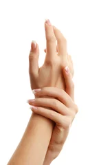 Poster Beautiful woman hands with french manicure, isolated on white © Africa Studio