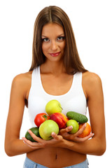 beautiful young woman with fruits and vegetables, isolated