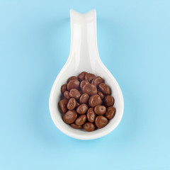 Chocolate covered raisin on white spoon.
