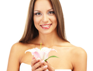 Obraz na płótnie Canvas piękna młoda kobieta z lilii, odizolowane na białym