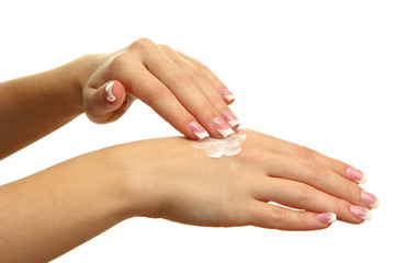 Fototapeta premium Beautiful woman hands with cream, isolated on white