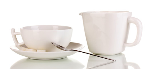 A cup of strong coffee and sweet cream isolated on white