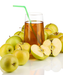 Useful apple juice with apples around isolated on white