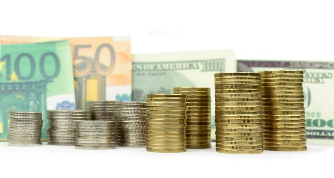 Coins, euro and dollar banknotes