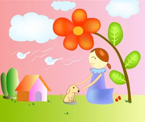 Stof per meter illustratie van een meisje In de tuin. © natara