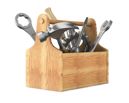 Wooden toolbox with tools. Isolated 3D image