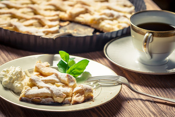Piece of pie served with coffee
