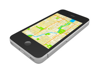 Black smartphone with an abstract GPS map on screen
