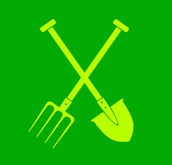 Spade and pitchfork on green background