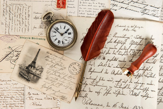 old letters, french post cards, antique feather pen