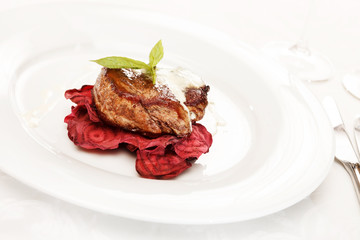 steak on the beet chips