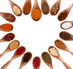 Various kinds of spices in heart shape on white background.