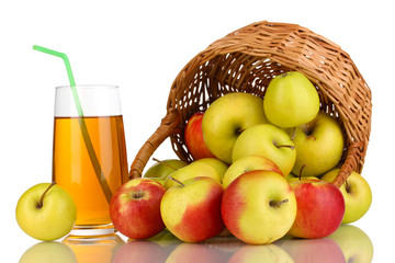 Useful apple juice with apples around in basket isolated