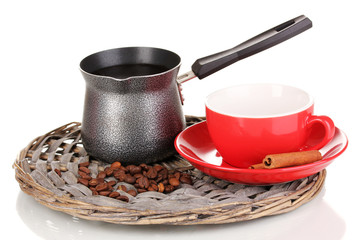 Coffee maker with red cup isolated on white