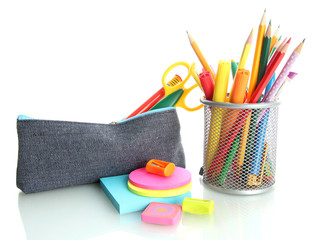 pencil box with school equipment isolated on white