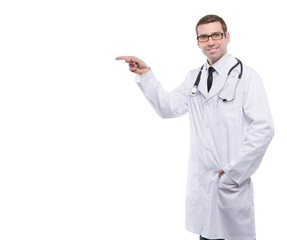 Male doctor makes a pointing finger gesture.
