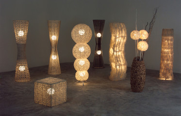 A lot of lighten floor lamps  in the dark room