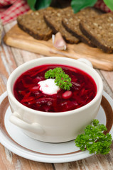 Ukrainian and russian national red borsch with sour cream