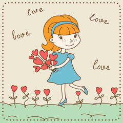 Vintage Valentine's day card of girl with hearts.