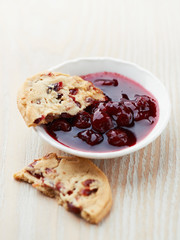Cranberry cookie with sour cherry marmalade