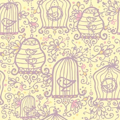 Wall murals Birds in cages Vector doodle birdcages seamless pattern background with hand