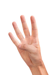 Hand gesture number four closeup isolated on white