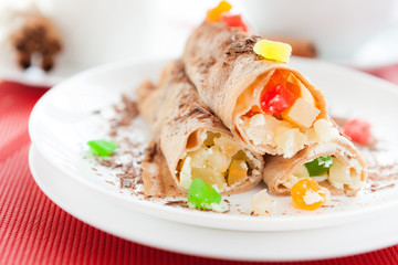 delicious pancakes with soft cheese and fruit