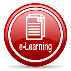 e-learning red glossy icon on white background