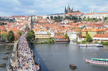 Walkway on Charles Bridge with Prague Castle in the background