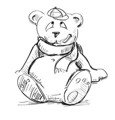 Teddy bear in a cap and scarf