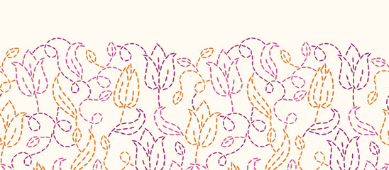 Vector embroidered flowers horizontal seamless pattern
