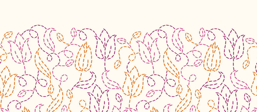 Vector embroidered flowers horizontal seamless pattern