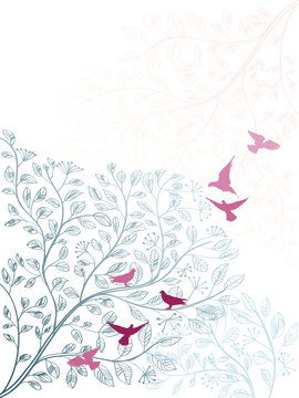 Elegant vertical floral background with branch of tree and birds