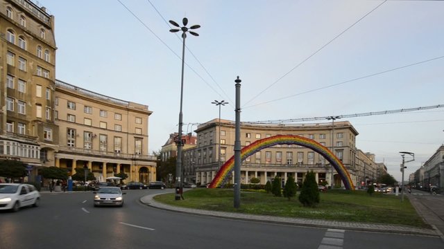 Zbawiciela square with rainbow decoration, Warsaw, Poland