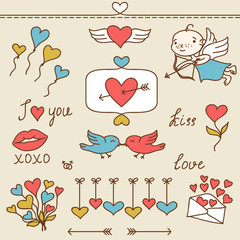 Set of Valentine's cute doodles and design elements.