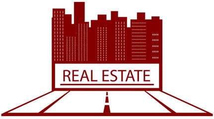 red symbol of real estate with road and place for text