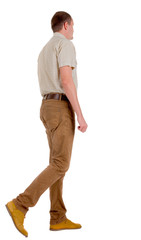 Naklejka premium Back view of going handsome man in jeans and a shirt.